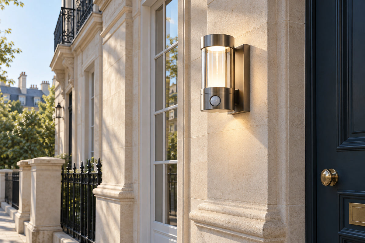 Luminaire extérieur détecteur de mouvement, capteur visible près d’une entrée en pierre claire et lumineuse