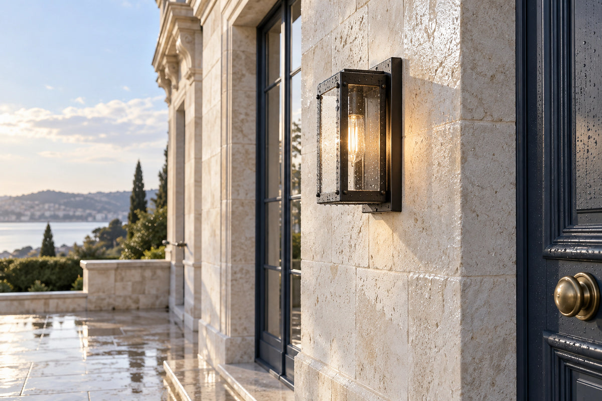 Luminaire extérieur étanche sur une façade en pierre claire, sous une lumière naturelle