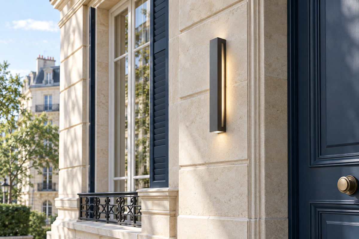 Luminaire extérieur façade sur une façade en pierre claire, sous une lumière naturelle