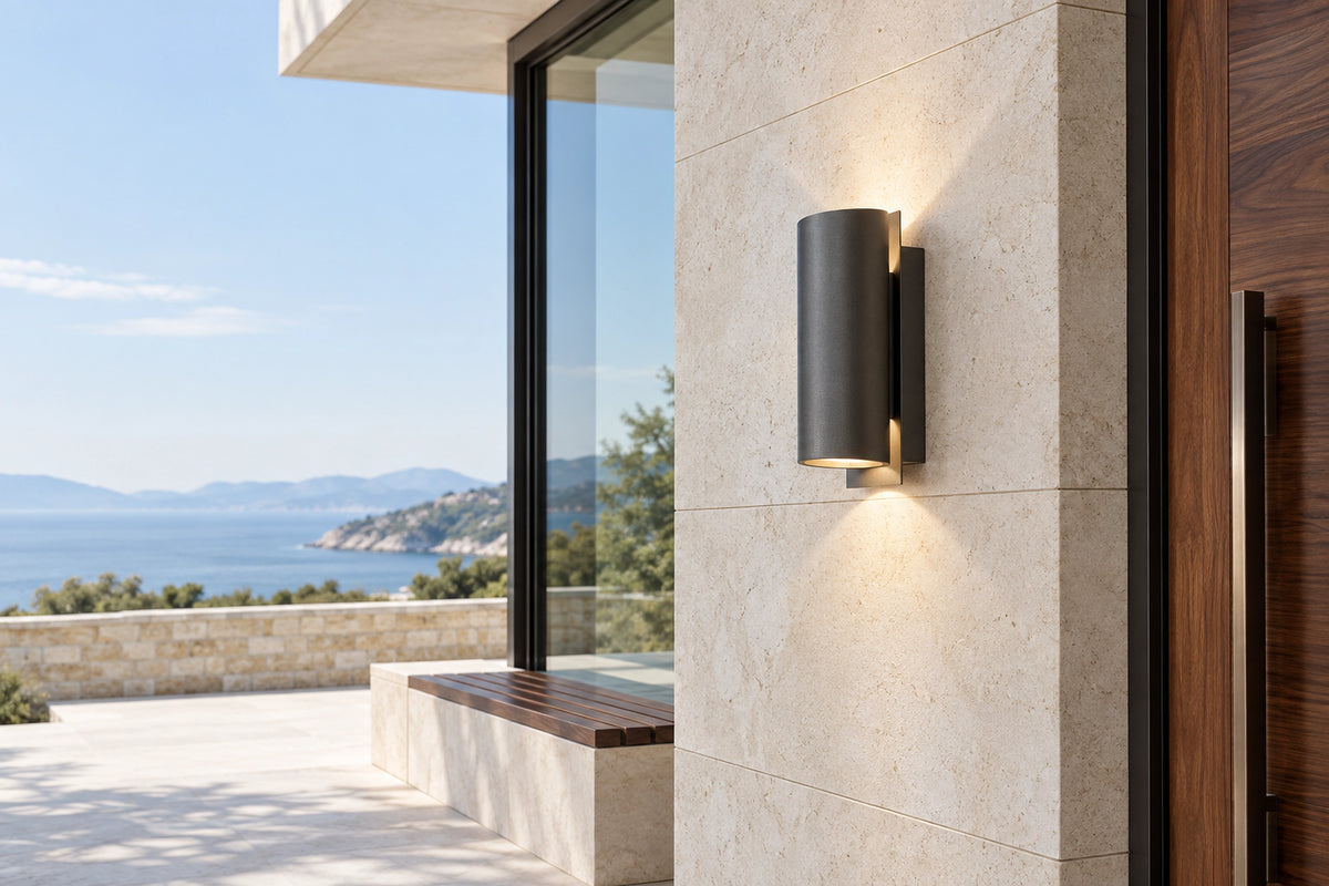 Luminaire extérieur moderne sur une façade en pierre claire, sous une lumière naturelle
