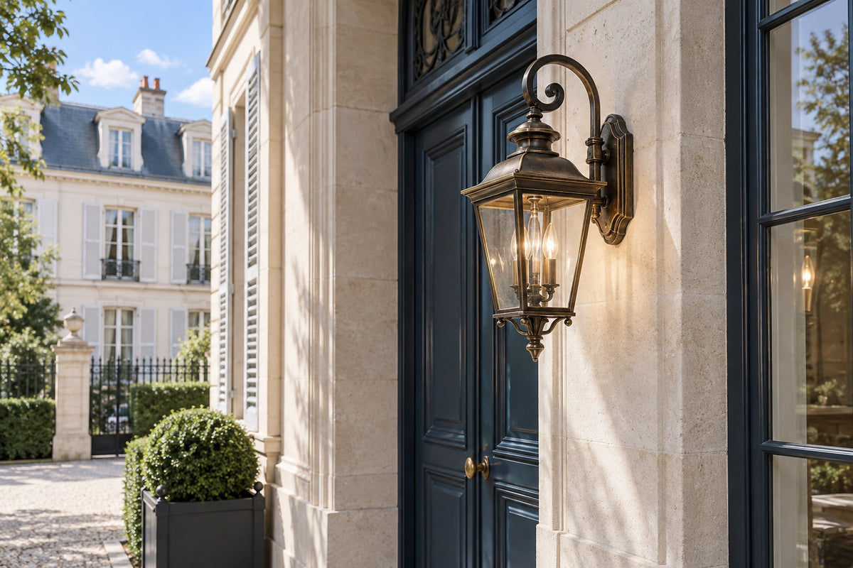 Luminaire extérieur vintage sur une façade en pierre claire, sous une lumière naturelle