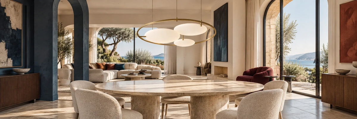 Suspension dorée à trois diffuseurs opalins au-dessus d’une table dans une villa de designer ouverte sur la mer.