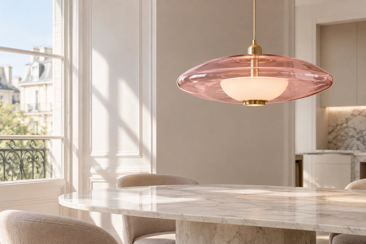 Luminaire rose dans un intérieur lumineux, sous une lumière naturelle
