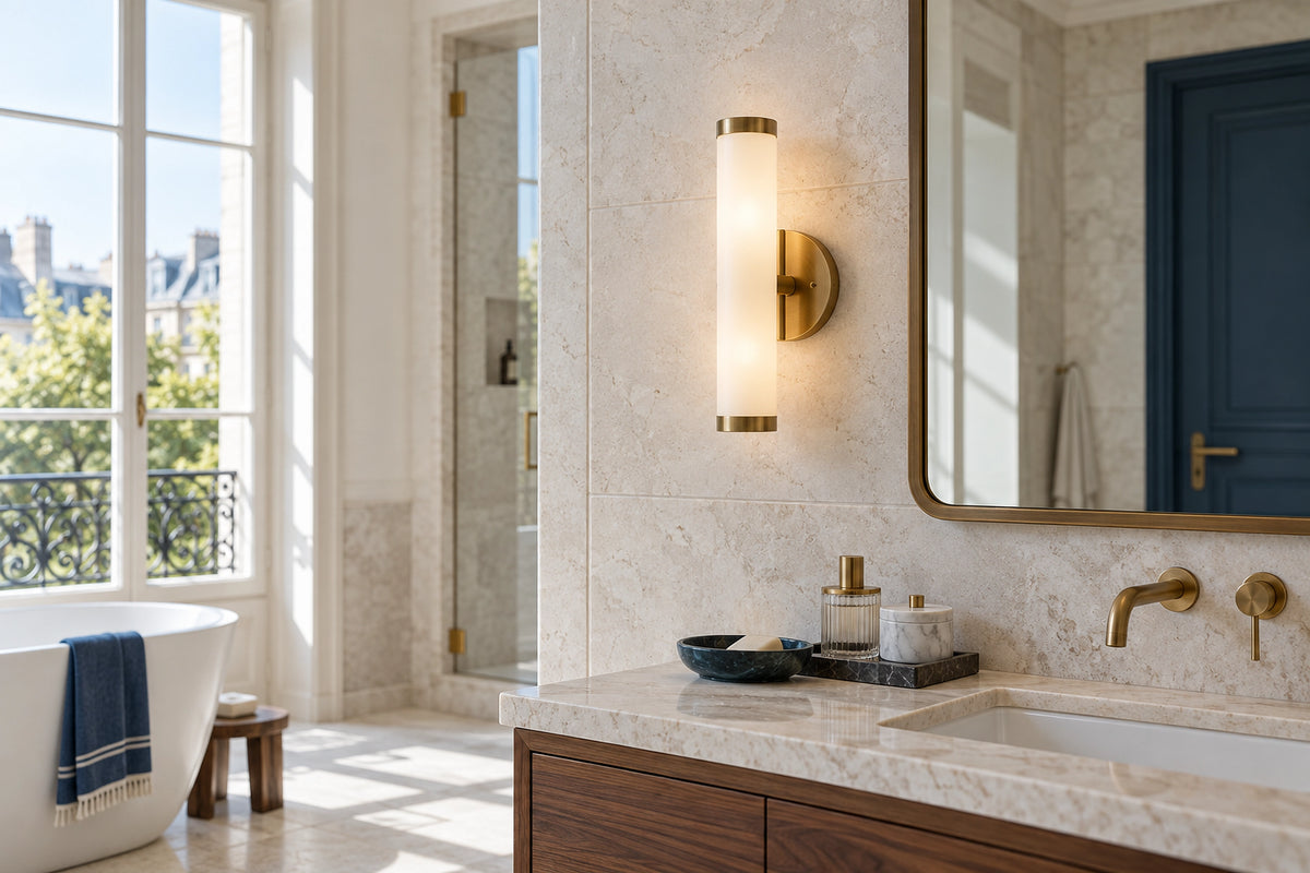 Luminaire salle de bain en laiton et verre opalin près d’un miroir, sous une lumière naturelle