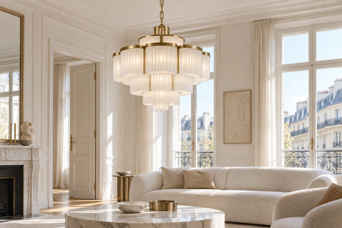 Lustre art déco dans un intérieur lumineux, sous une lumière naturelle