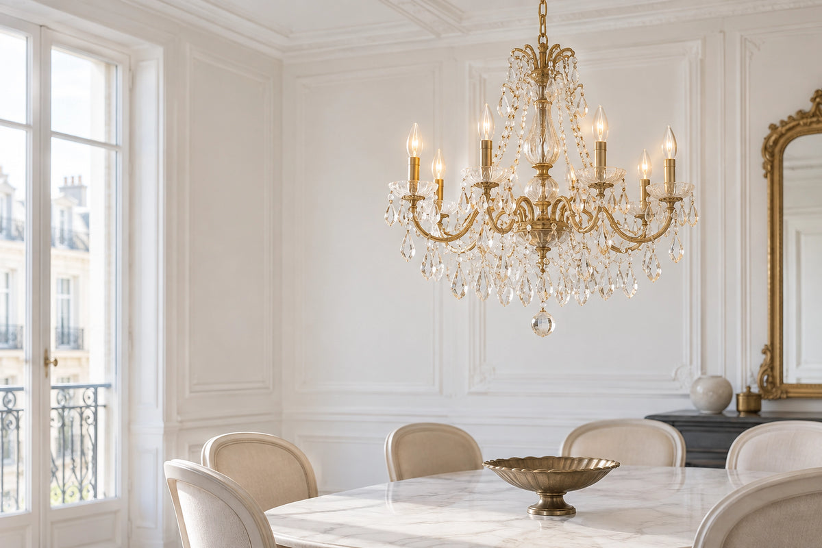 Lustre baroque dans un intérieur lumineux, sous une lumière naturelle