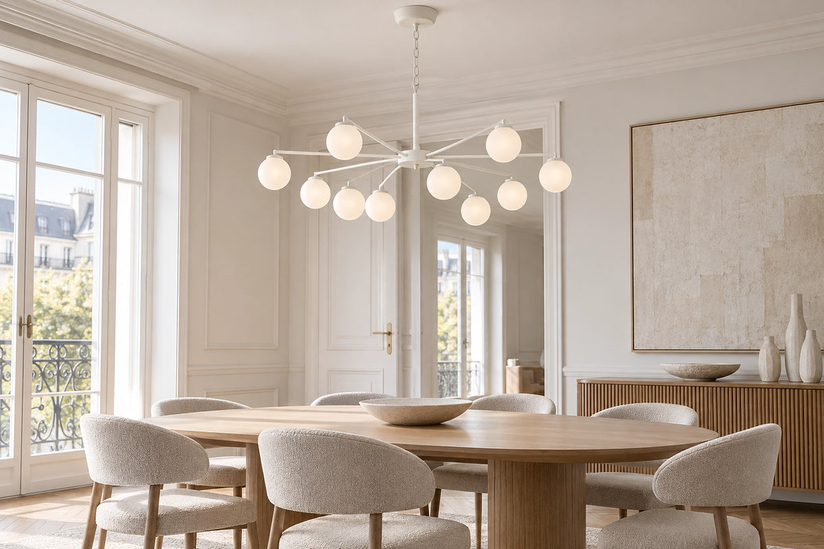 Lustre blanc dans un intérieur lumineux, sous une lumière naturelle