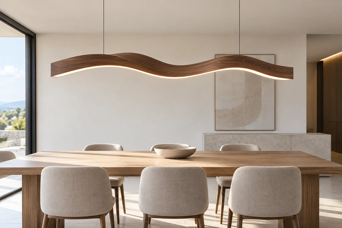 Lustre en bois moderne dans un intérieur lumineux, sous une lumière naturelle