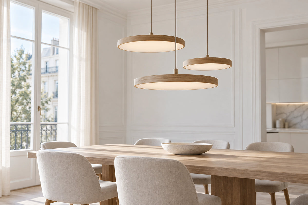 Lustre bois scandinave dans un intérieur lumineux, sous une lumière naturelle