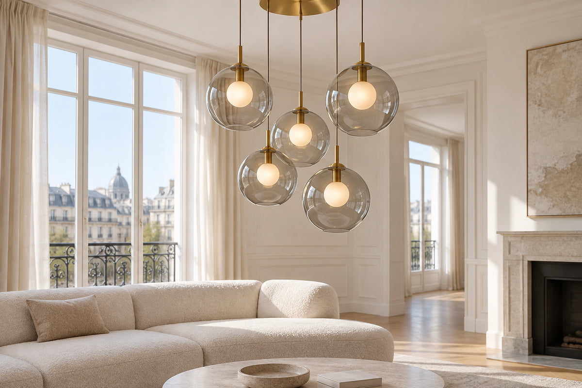Lustre boule verre dans un intérieur lumineux, sous une lumière naturelle