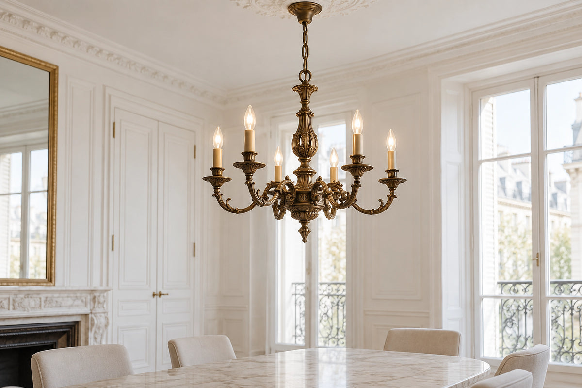 Lustre ancien en bronze dans un intérieur lumineux, sous une lumière naturelle