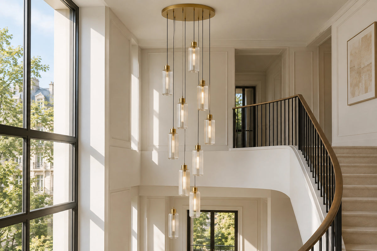 Lustre cage d'escalier dans un escalier lumineux, sous une lumière naturelle