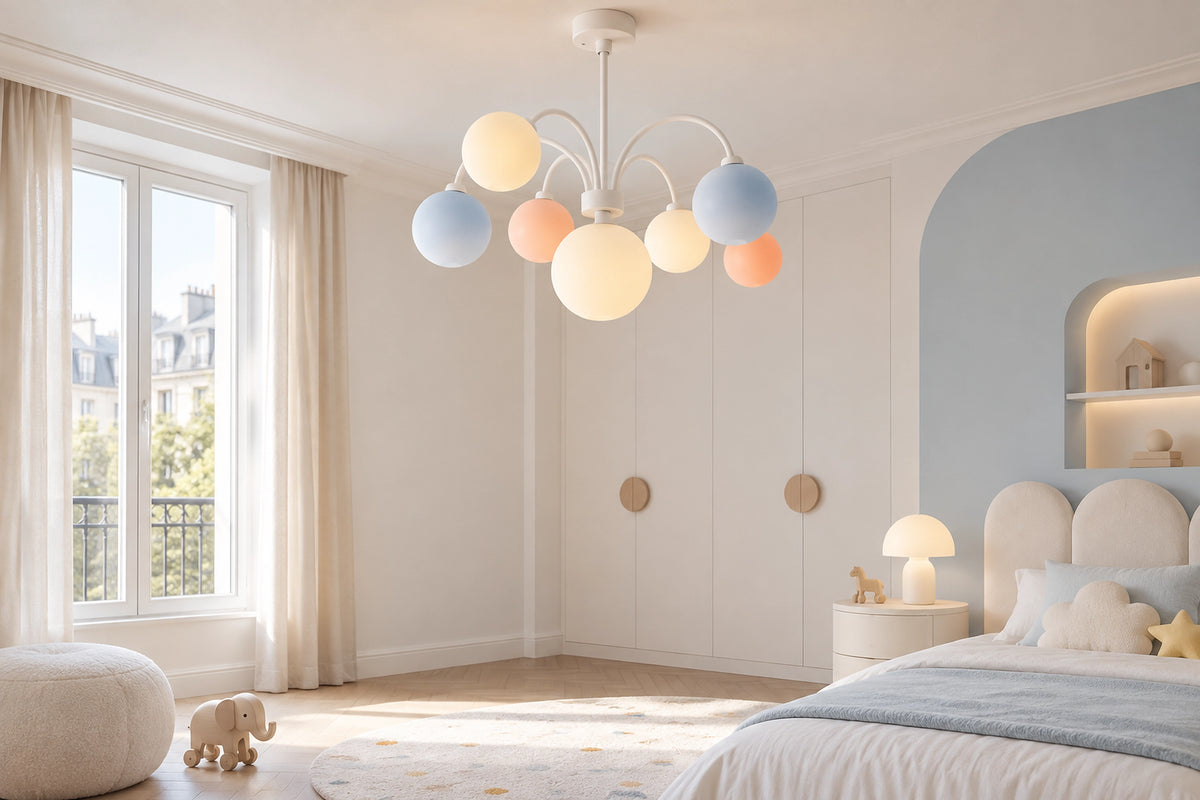 Lustre chambre enfant dans une chambre lumineuse, sous une lumière naturelle