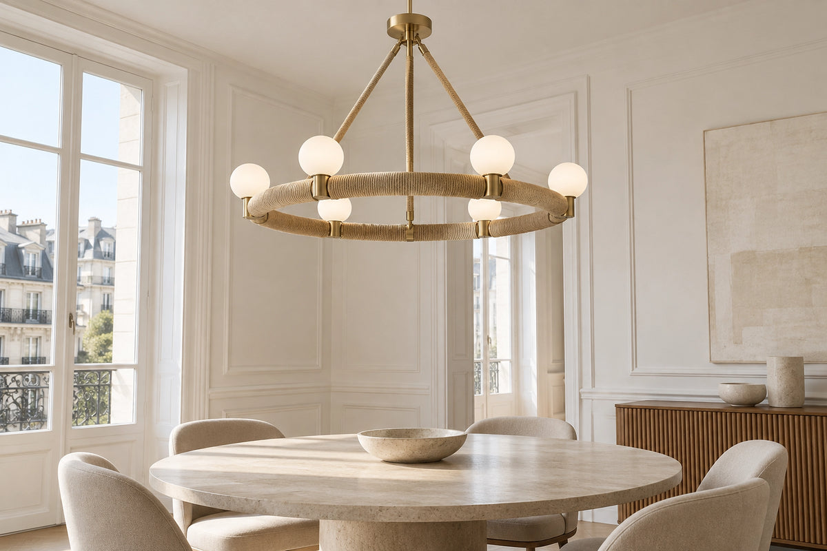 Lustre en corde dans un intérieur lumineux, sous une lumière naturelle