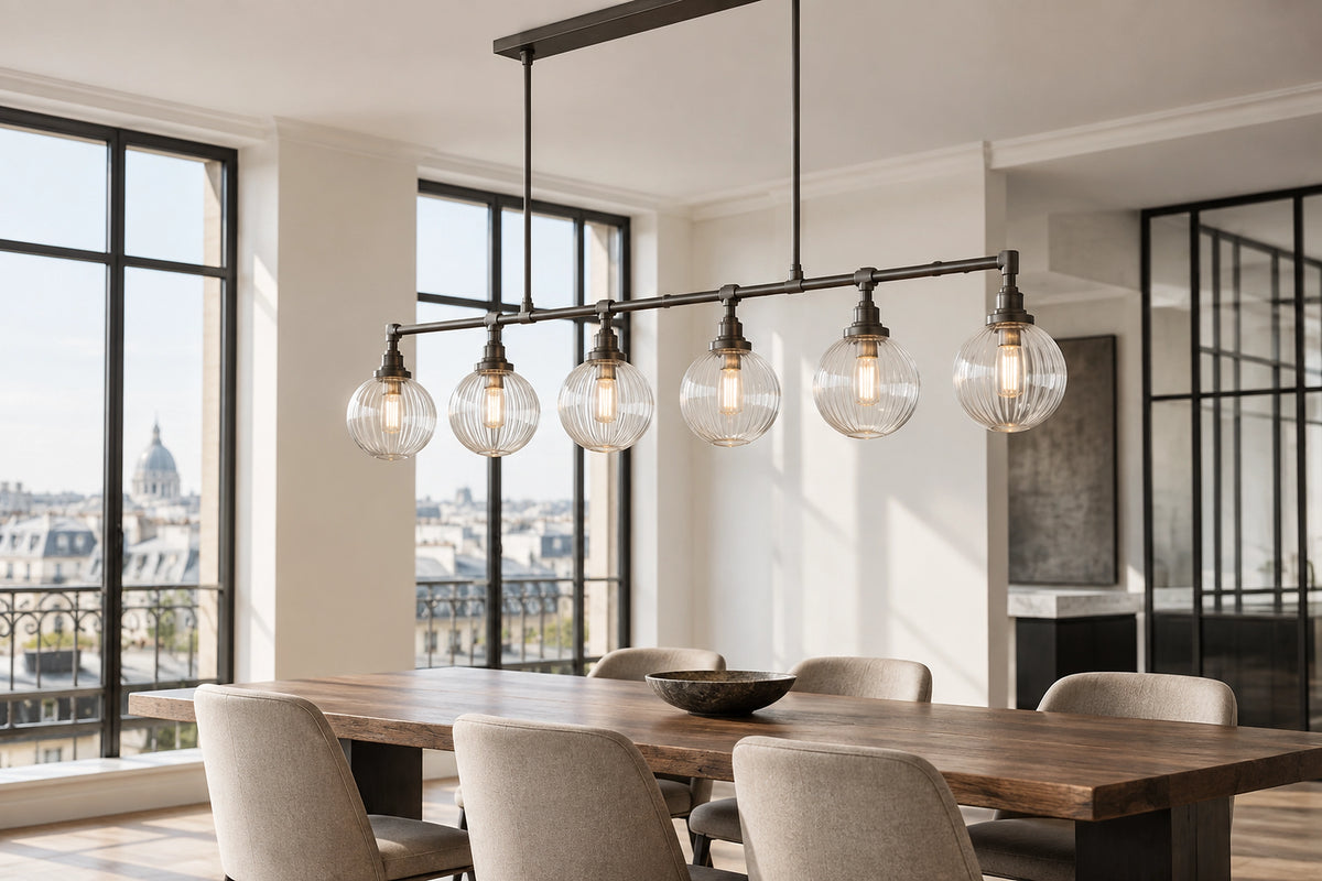 Lustre industriel dans un intérieur lumineux, sous une lumière naturelle