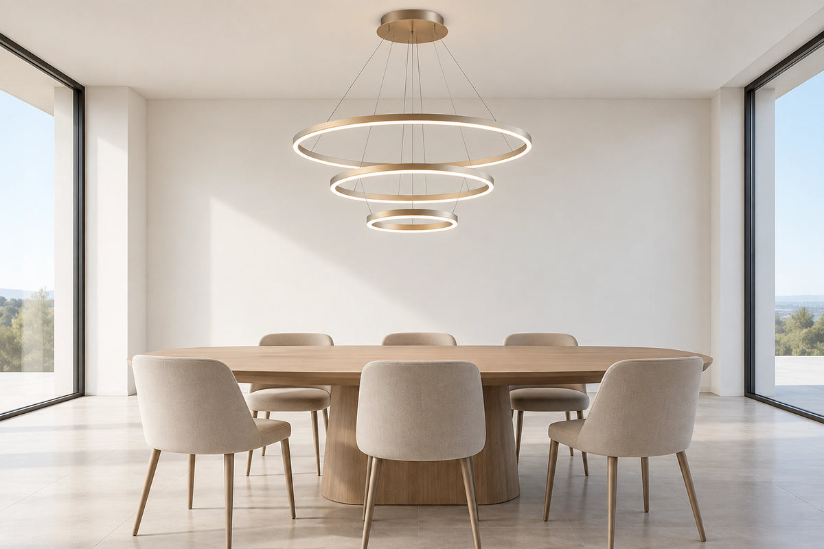 Lustre LED dans un intérieur lumineux, sous une lumière naturelle