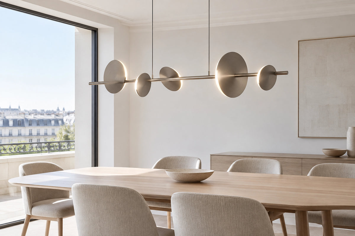 Lustre métal dans un intérieur lumineux, sous une lumière naturelle