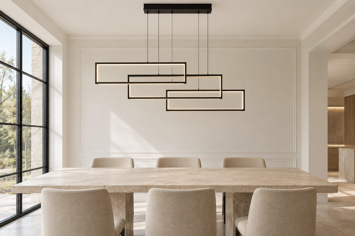 Lustre métal noir dans un intérieur lumineux, sous une lumière naturelle