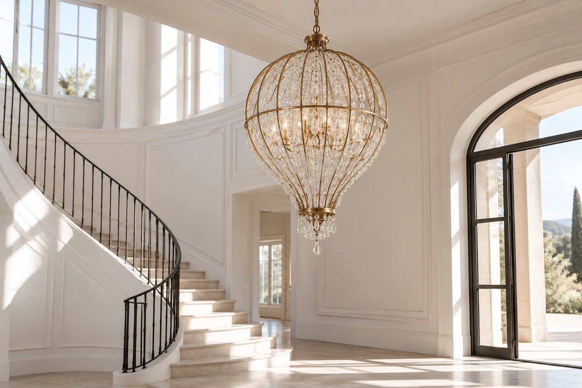 Lustre montgolfière dans un intérieur lumineux, sous une lumière naturelle