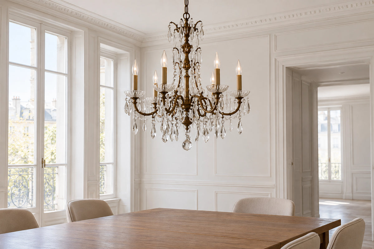 Lustre pampilles ancien dans un intérieur lumineux, sous une lumière naturelle