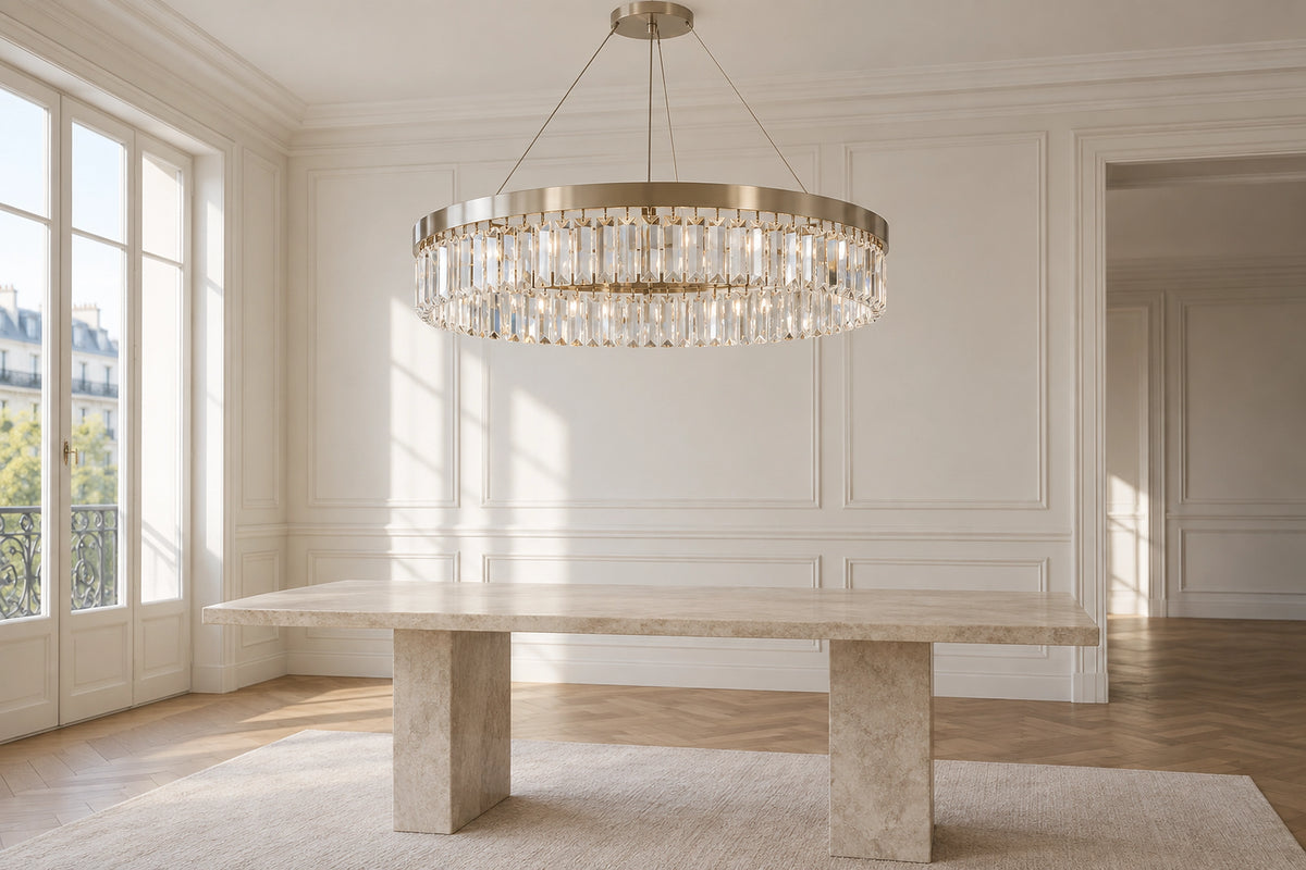 Lustre pampilles cristal dans un intérieur lumineux, sous une lumière naturelle