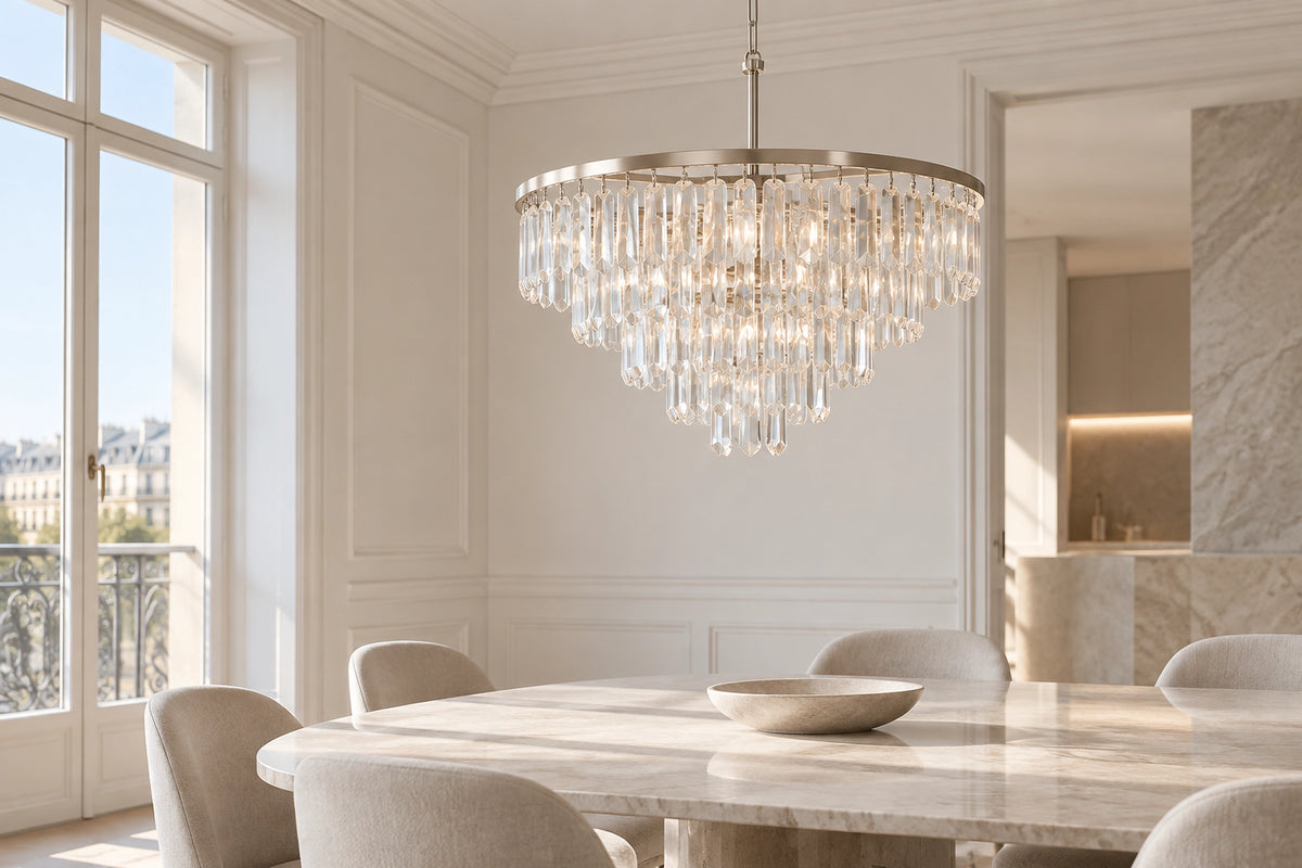 Lustre à pampilles dans un intérieur lumineux, sous une lumière naturelle