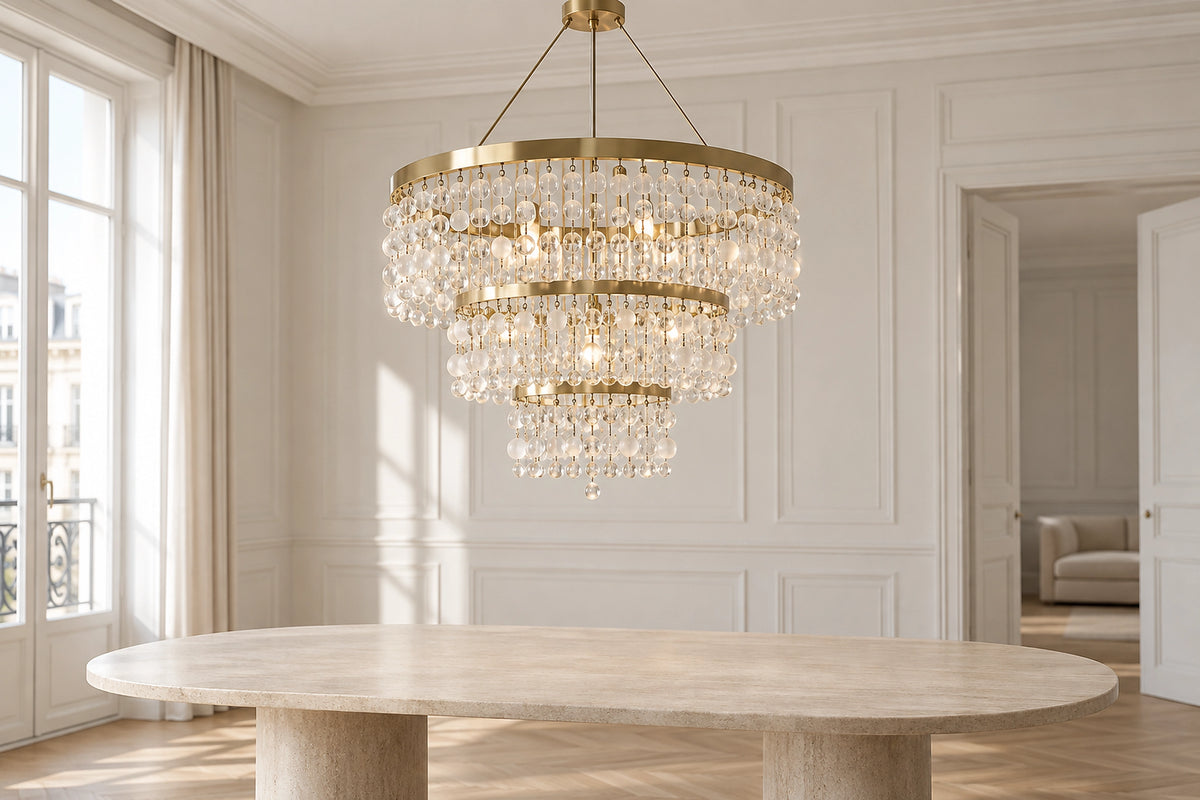 Lustre perles dans un intérieur lumineux, sous une lumière naturelle