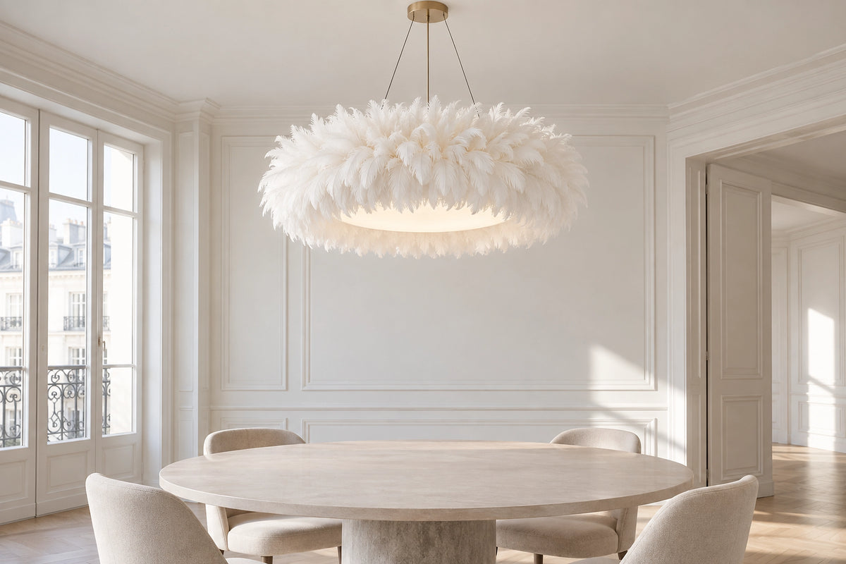 Lustre plume dans un intérieur lumineux, sous une lumière naturelle