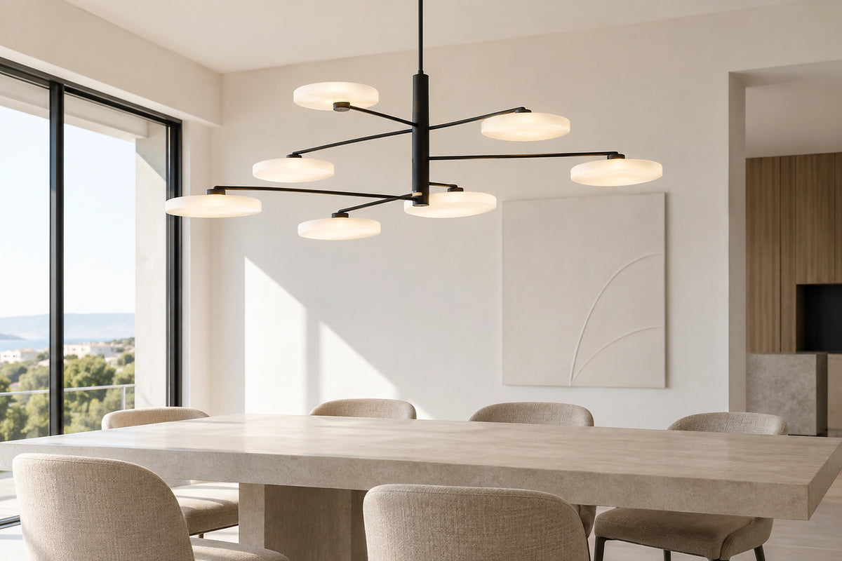Lustre salon moderne dans un salon lumineux, sous une lumière naturelle