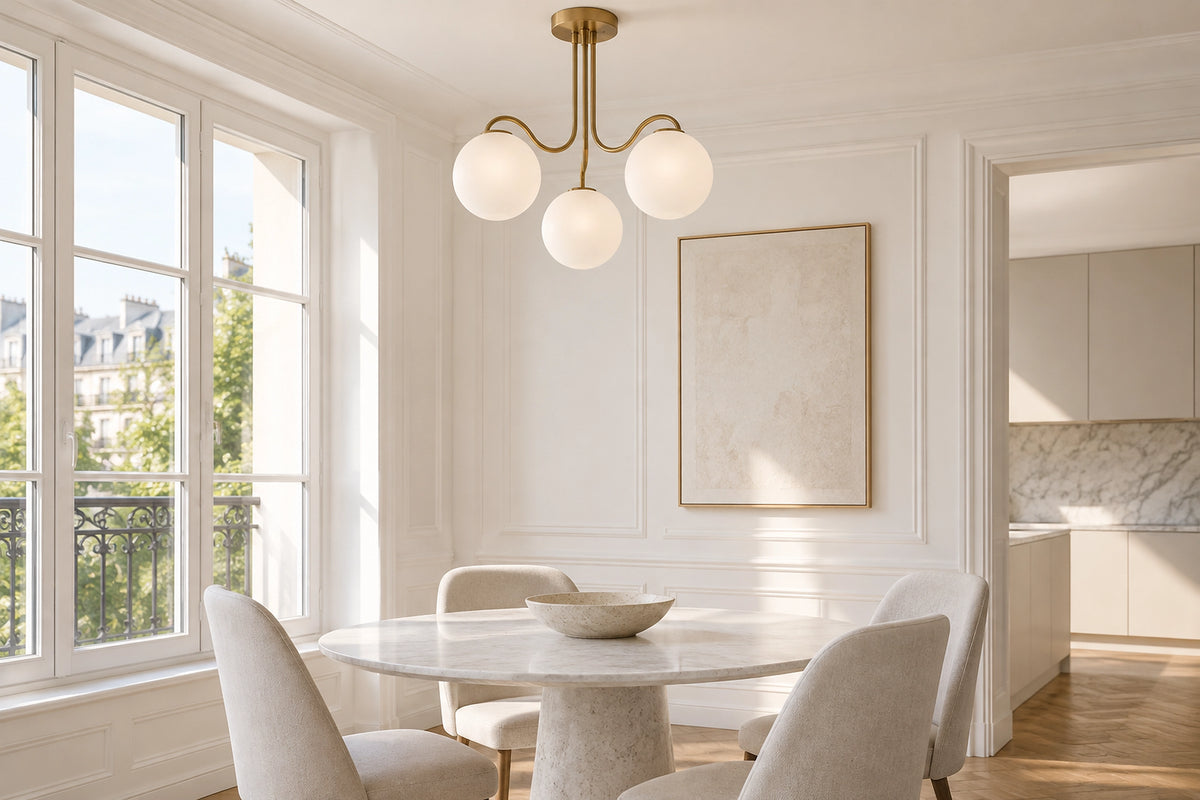 Petit lustre dans un intérieur lumineux, sous une lumière naturelle