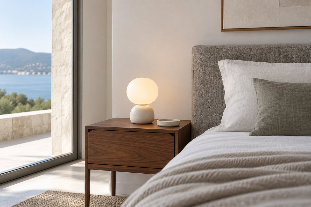 Petite lampe de chevet dans un intérieur lumineux, sous une lumière naturelle