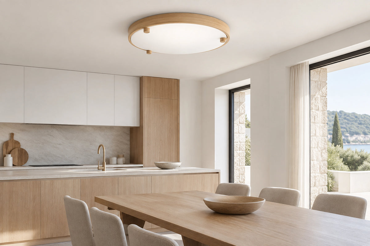 Plafonnier blanc et bois dans un intérieur lumineux, sous une lumière naturelle