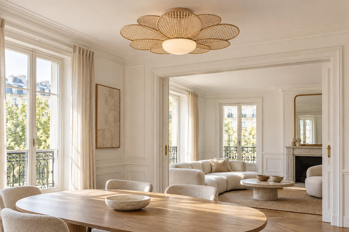 Plafonnier bohème dans un intérieur lumineux, sous une lumière naturelle