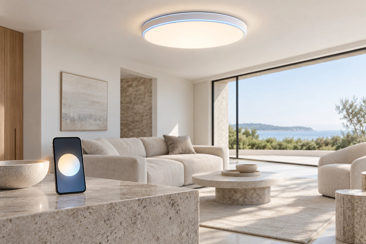 Plafonnier connecté dans un intérieur lumineux, sous une lumière naturelle