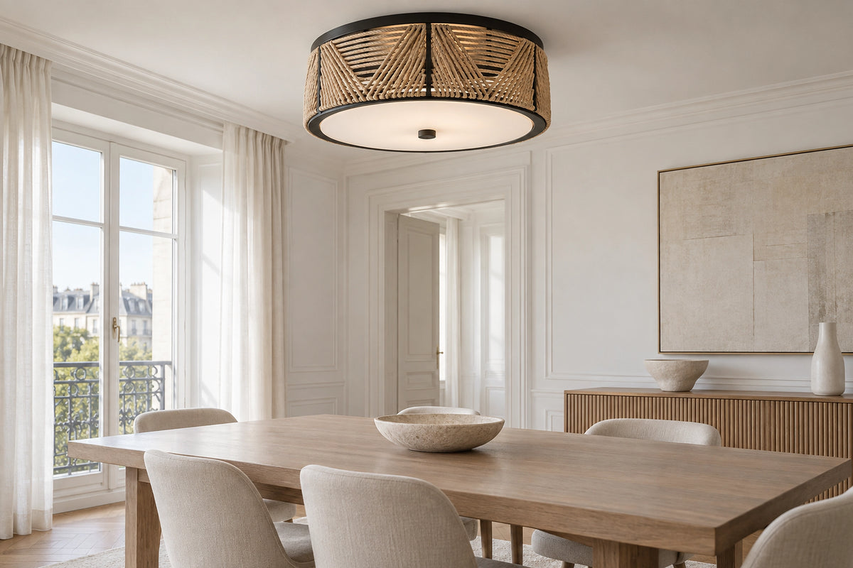 Plafonnier corde dans un intérieur lumineux, sous une lumière naturelle
