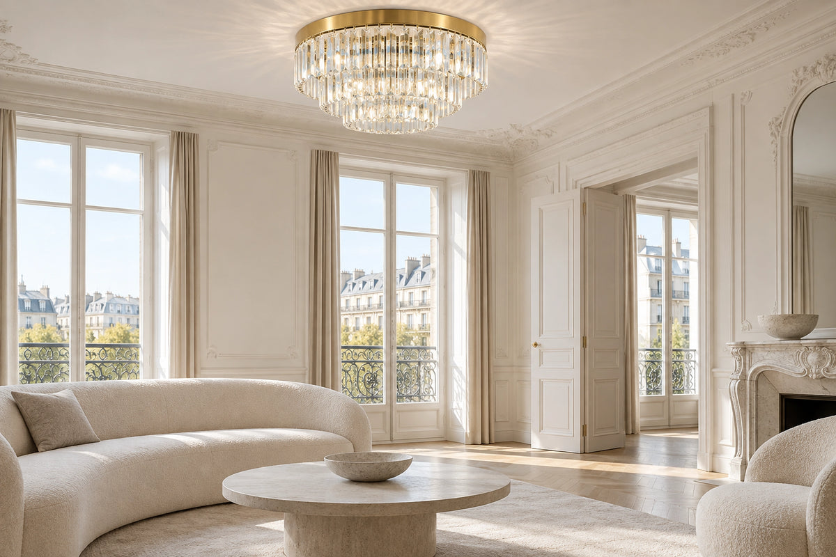 Plafonnier cristal dans un intérieur lumineux, sous une lumière naturelle