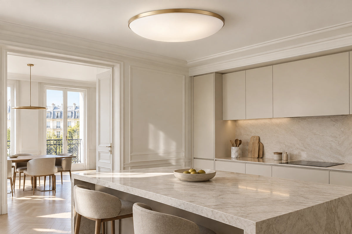 Plafonnier cuisine dans une cuisine lumineuse, sous une lumière naturelle