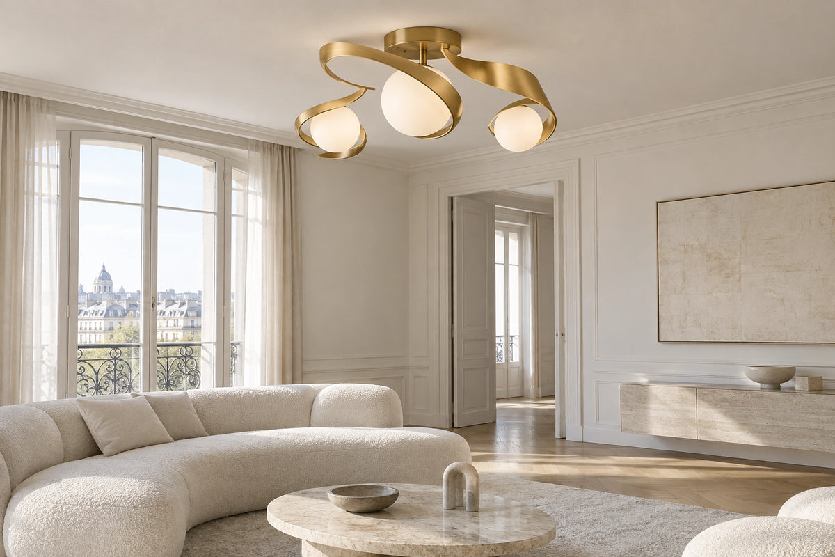 Plafonnier design dans un intérieur lumineux, sous une lumière naturelle