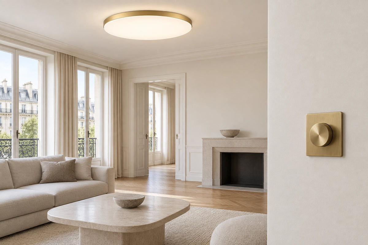 Plafonnier dimmable dans un intérieur lumineux, sous une lumière naturelle