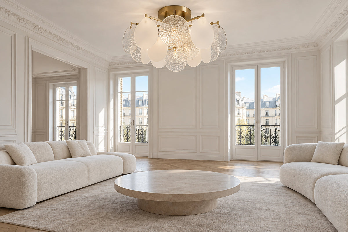 Plafonnier haut de gamme dans un intérieur lumineux, sous une lumière naturelle