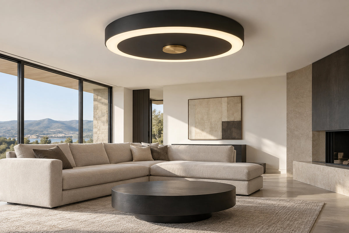 Plafonnier industriel noir dans un intérieur lumineux, sous une lumière naturelle