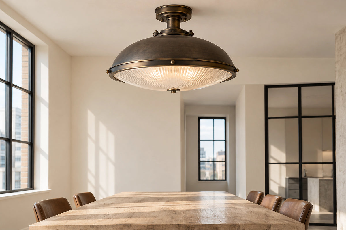 Plafonnier industriel vintage dans un intérieur lumineux, sous une lumière naturelle