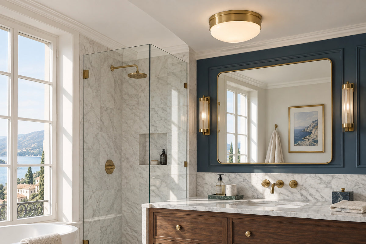 Plafonnier IP44 rond au-dessus d’une vasque en pierre, dans une salle de bain lumineuse