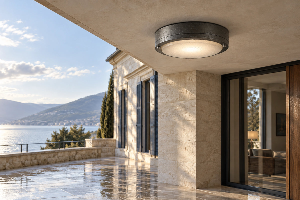 Plafonnier IP65 étanche sous une terrasse couverte, éclairée par la lumière du jour