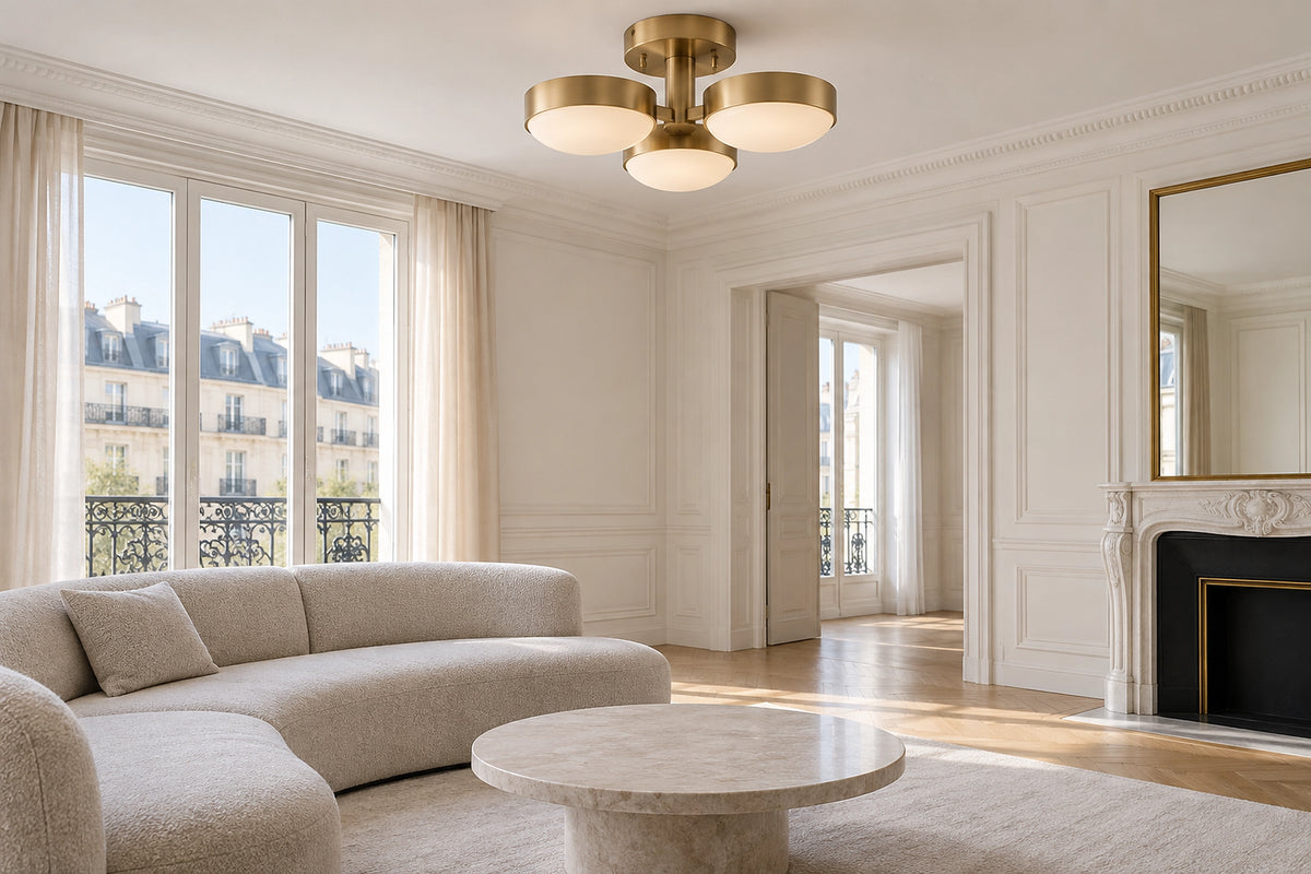 Plafonnier laiton dans un intérieur lumineux, sous une lumière naturelle