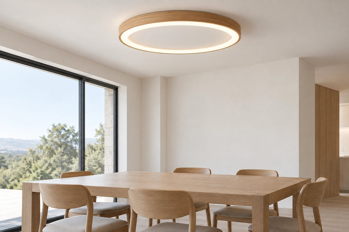 Plafonnier LED bois dans un intérieur lumineux, sous une lumière naturelle