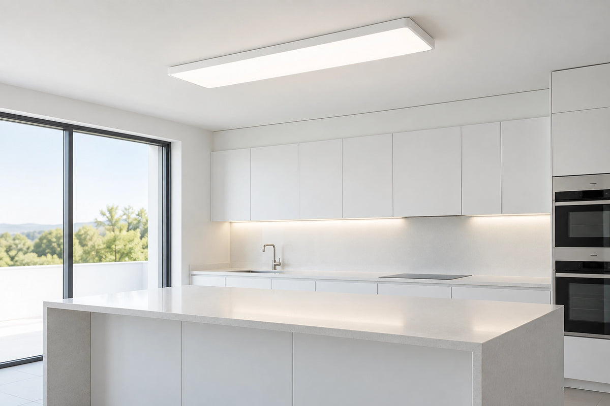 Plafonnier LED cuisine dans une cuisine lumineuse, sous une lumière naturelle