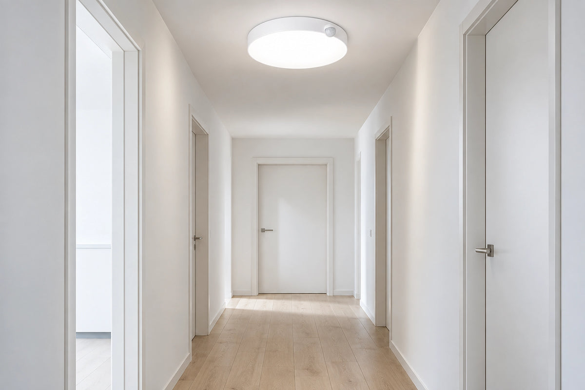 Plafonnier LED détecteur de mouvement dans un intérieur lumineux, sous une lumière naturelle