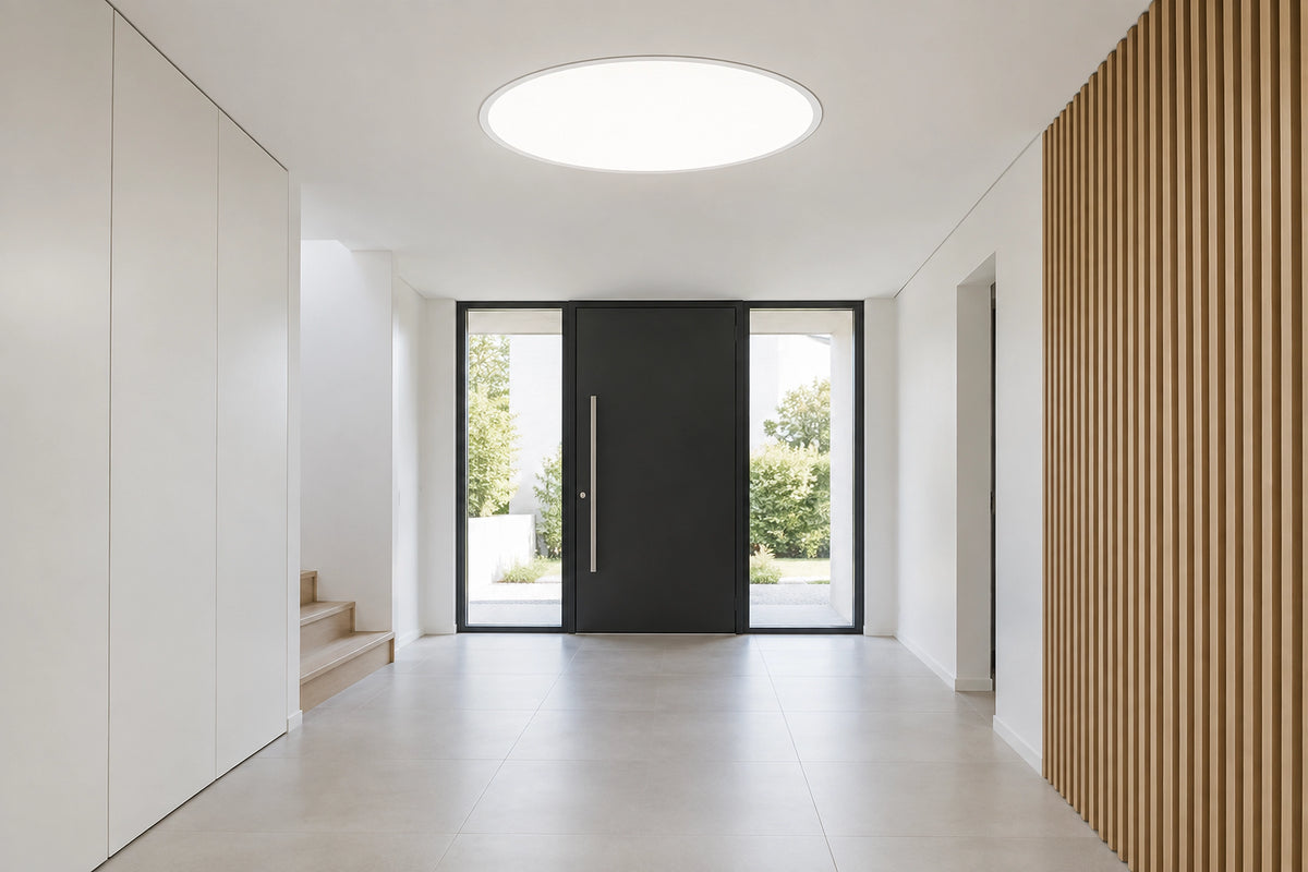 Plafonnier LED encastrable dans un intérieur lumineux, sous une lumière naturelle