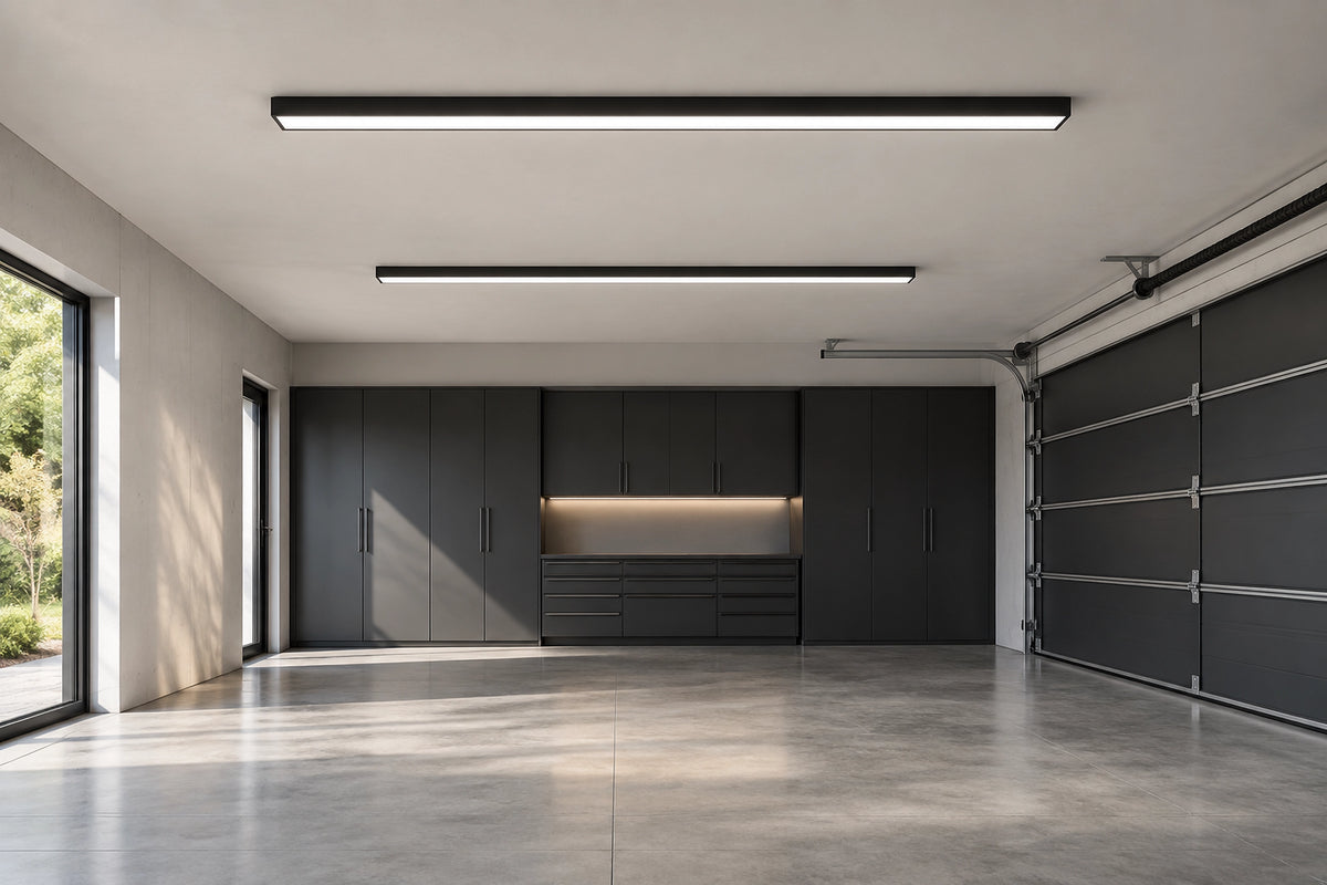 Plafonnier LED garage dans un garage lumineux, sous une lumière naturelle